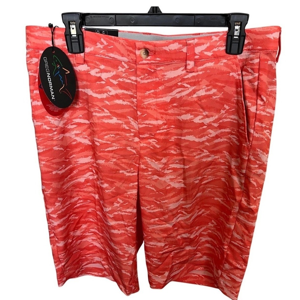NWT Greg Norman ML75 Microlux Golf Shorts Mens 32 Coral Orange Tiger Camo Play